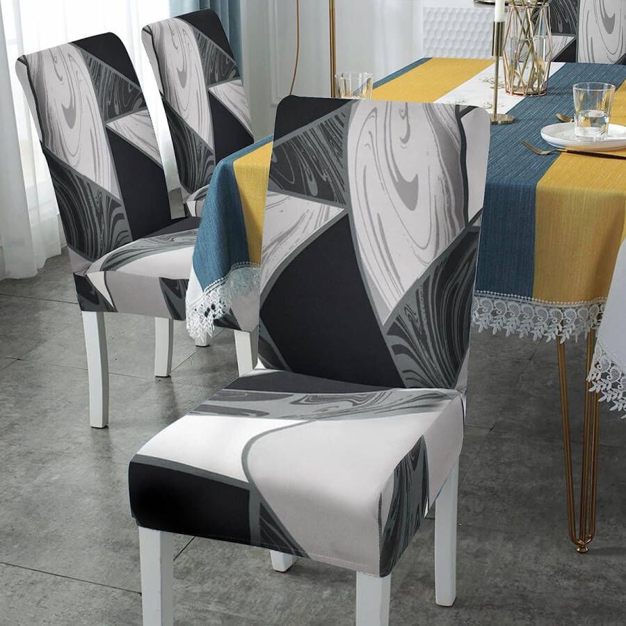 Merkloos Stoelhoezen set van 6 universele stretch stoelhoezen set van 6 moderne stoelhoezen schommelstoelen elastische duurzame stoelhoezen voor eetkamer banketdecoratie (zwarte geometrie 6 stuks)