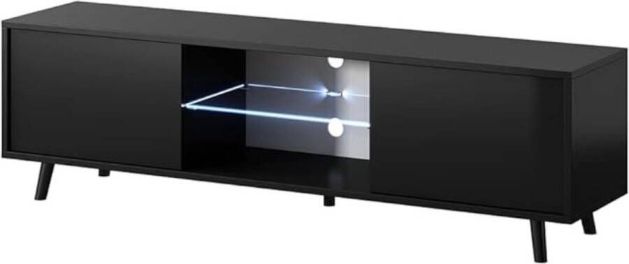 Merkloos TV-meubel woonkamer meubel zwart mat zwart glanzend LED verlichting met batterijen – modern