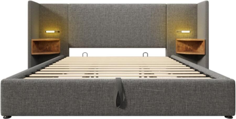 'merkloos'' Tweepersoonsbed 180x200cm Zonder Matras Grijs Linnen Met USB Type C Nachttafel Leeslamp Hydraulische Opbergruimte Massiefhout Metaal Lattenbodem