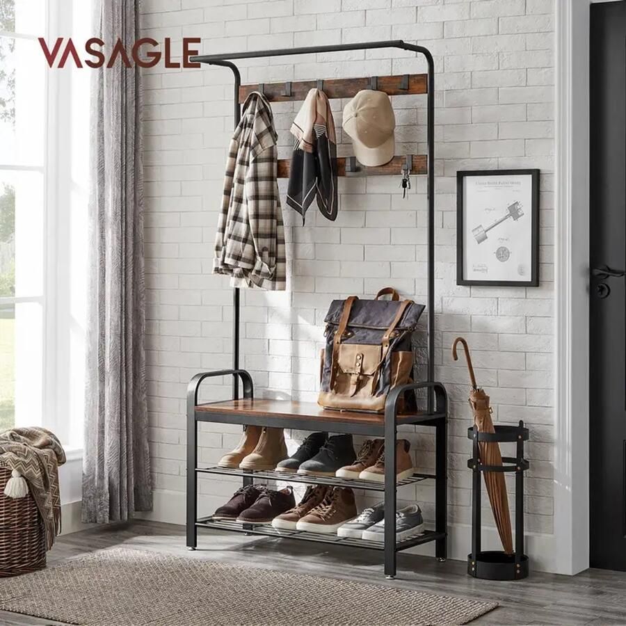 Merkloos VASAGLE Kapstok & Garderobe – Entreebank met Schoenenrek en Afneembare Haken – 183 cm Hoog – Industrieel Metalen Frame in Rustiek Bruin & Zwart
