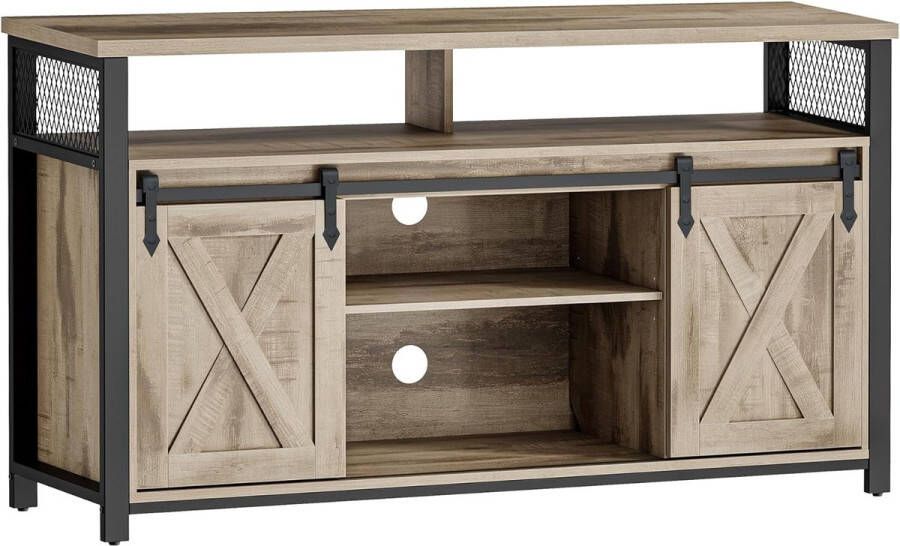 merkloos VASAGLE TV-kast lowboard voor tv's tot 60 inch televisietafel met verstelbare planken schuifdeur metalen frame eikenbruin-zwart LTV46B50