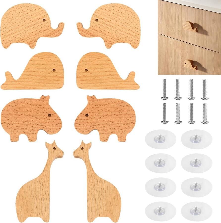 'merkloos'' Verrijk de Kinderkamer met Elegante Details: Set van 8 Houten Dierenvormige Meubelknoppen Deurknoppen
