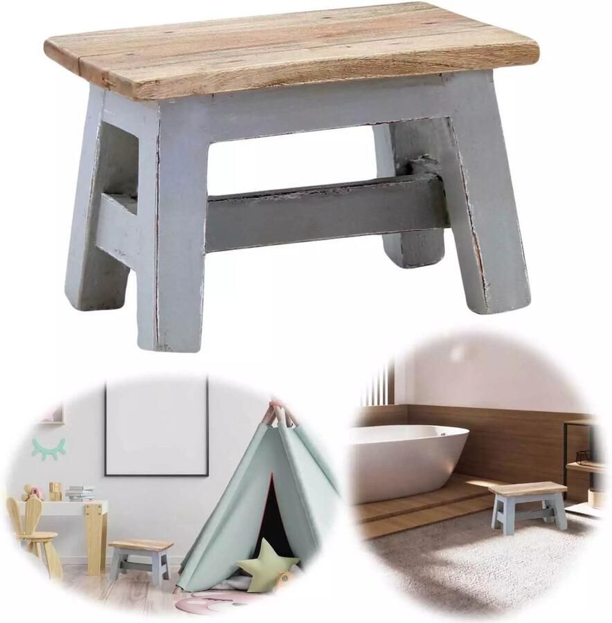 'merkloos'' Vintage houten voetenbank grijsbruin 30cm opstapje voetenbankje bank voetenbankje