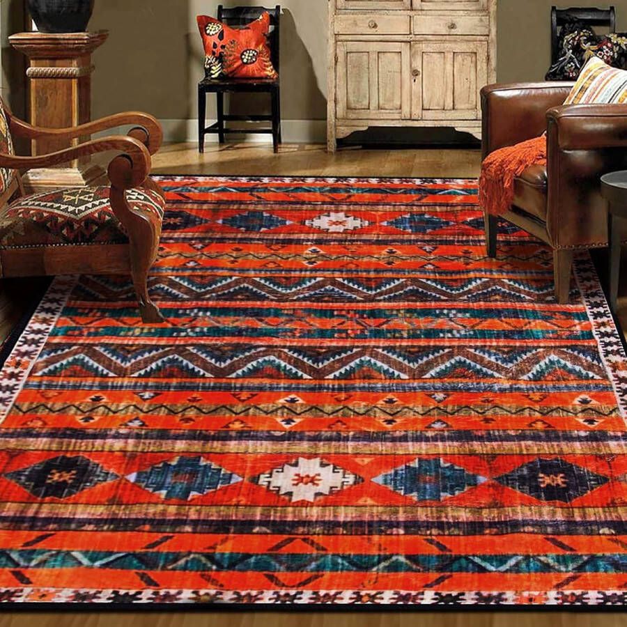 Merkloos Vloerkleed Extra grote vloerkleden voor woonkamer machinewasbaar tapijt vintage geometrie streepontwerp chique traditioneel tapijt voor slaapkamer eetkamer (diep oranjegeel 200 x 300 cm)