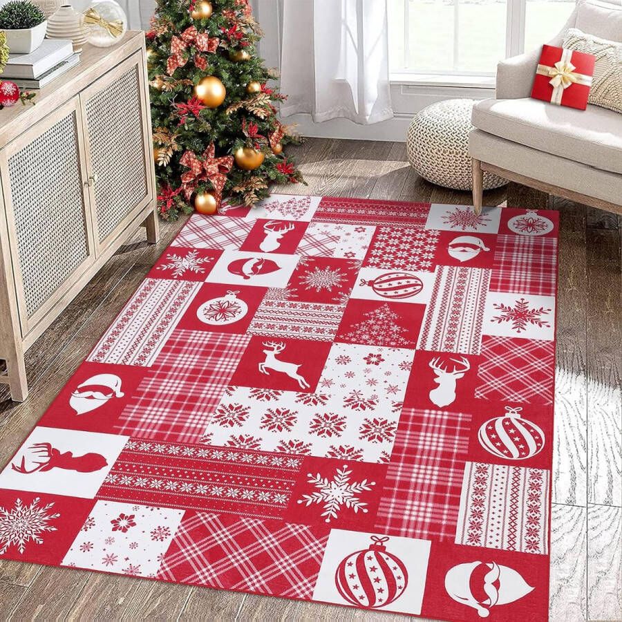 Merkloos Vloerkleed Kersttapijt rood vloerkleden kerstbel sneeuwvlok eland groot tapijt woonkamertapijt wasbaar vloertapijt laagpolig binnen rood 160 x 230 cm