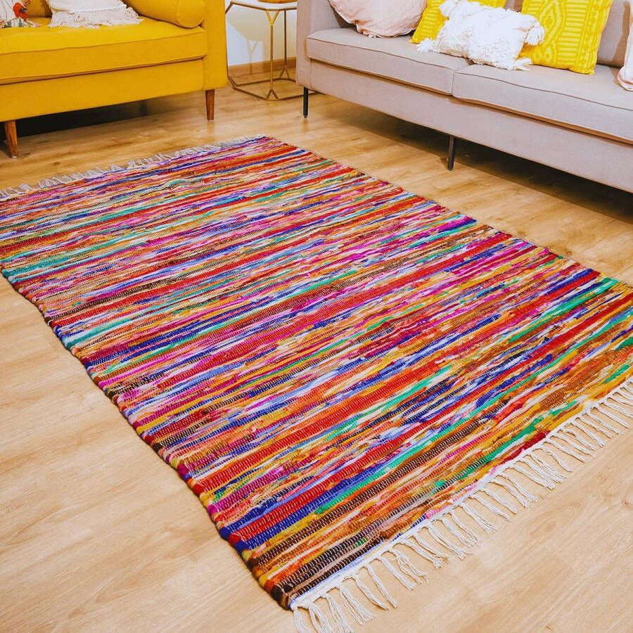 Merkloos Vloerkleed large rag rug for living room bedroom big decorative braided boho bohemian handmade hand woven recycled chindi rug multicolor colorful floor rectangle ethnic indian pure cotton area rug carpet tapis coton 6x4 striped tassel 180x120
