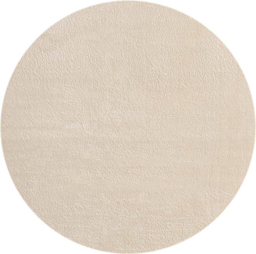 Merkloos Vloerkleed Olivia Tapijt woonkamer beige 120x120 cm rond modern zacht effen pluizig laagpolig (19 mm) antislip wasbaar tot 30 graden 100% polyester 15 cm