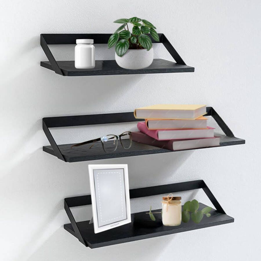 Merkloos Wandplanken -Finn- Set van 3 Zwevende Planken Gemaakt van Metaal en Echt Houtfineer Wanddecoratie Opslag en Plank voor Woonkamer Keuken Slaapkamer Eiken zwart