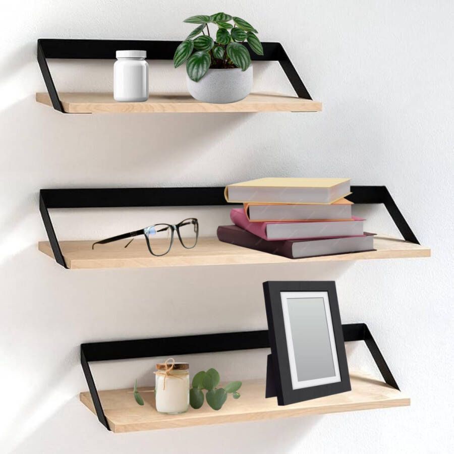 Merkloos Wandplanken -Finn- Set van 3 Zwevende Planken Gemaakt van Metaal en Echt Houtfineer Wanddecoratie Opslag en Plank voor Woonkamer Keuken Slaapkamer Berk