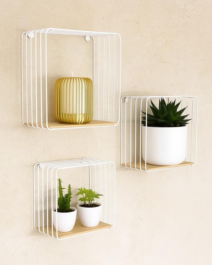 Galeara Design Wandrek wit metaal en hout bamboe Wandrekken wit hangend wandplank Cavoo modern set van 3 Wandschappen design metaal