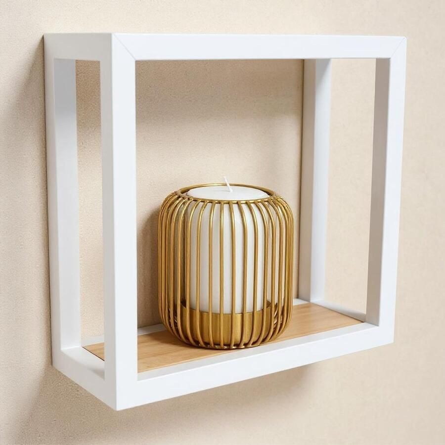 Galeara Design Wandschap 29cm x 29cm x 12cm. Wandrek wit dik met hout wandplank Soto rechthoekig Wandschappen design metaal
