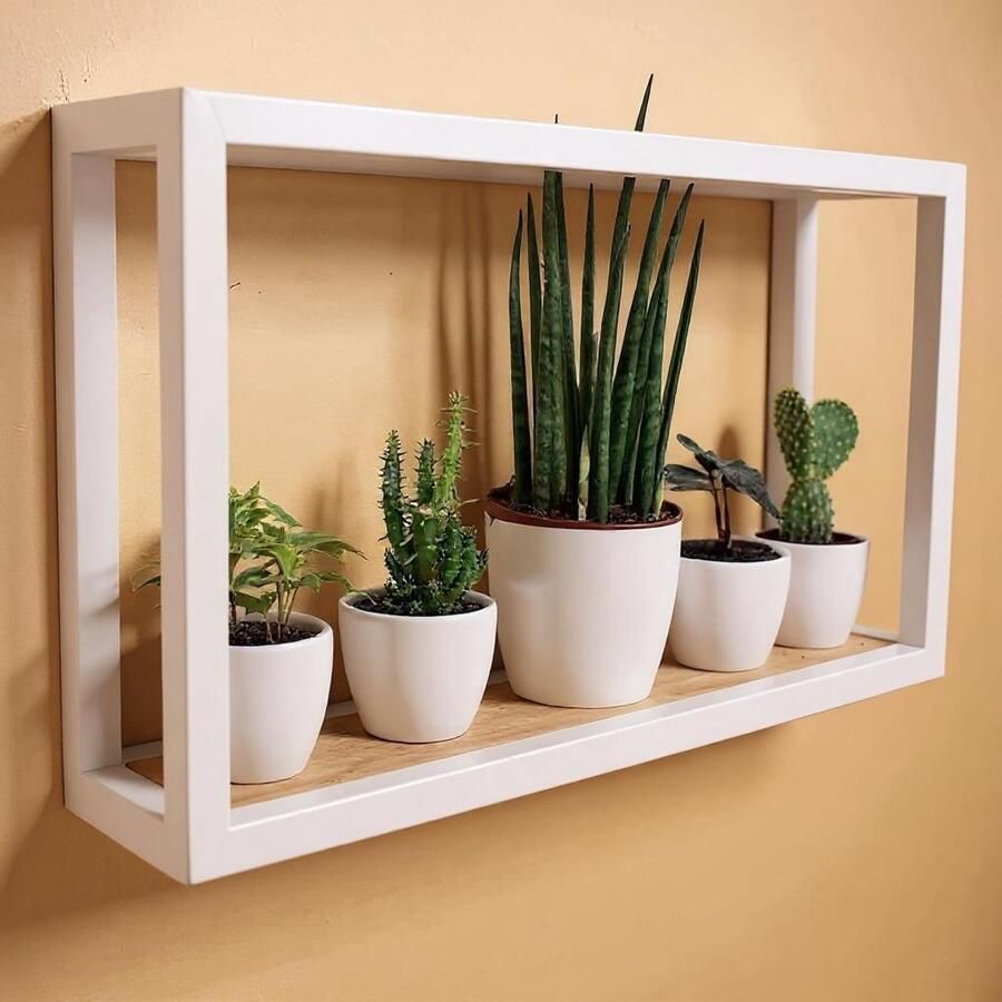 'merkloos'' Wandrek keuken industrieel metaal wit rechthoekig 42cm x 24cm x 12cm Wandschap woonkamer wit dik met hout wandplank Soto rechthoekig Wandschappen design metaal