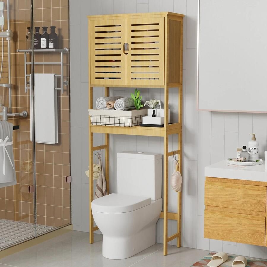 Merkloos WC kastje WC meubel Toiletkast WC Rek WC Kastje WC Opbergkast Toiletrek WC kastje staand 99cm x 32 cm Bamboo Vrijstaand