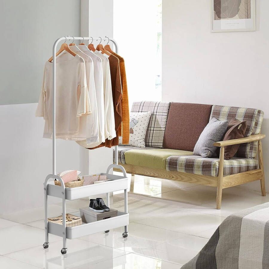 Merkloos Witte kledingstandaard garderobestandaard met 2 metalen manden stabiele kledingstang kleine jasstandaard op wieltjes voor slaapkamer wasruimte woning en entree