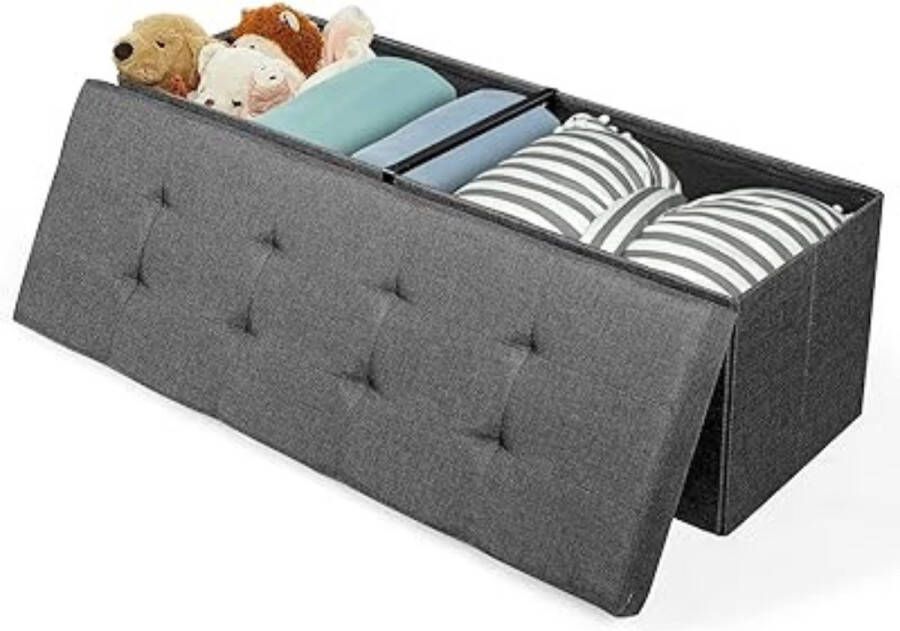 Merkloos Zitbank Met Opbergruimte Zitkist Opbergdoos Opvouwbaar Max. Statische Belastbaarheid 300 Kg Met Scheidingsrooster Van Metaal 120 L 110 X 38 X 38 Cm Imitatie Linnen Donkergrijs