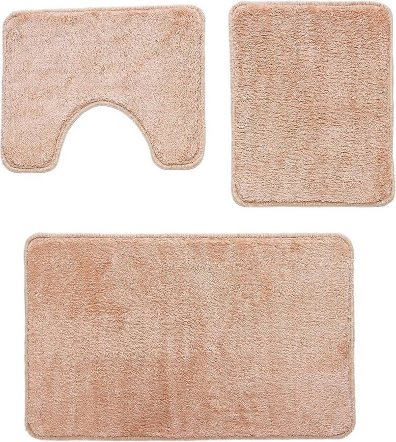 Merklose Badmattenset 3-delig badkamertapijt antislip wasbaar vloerkleed voor badkamer 80 x 50 cm badmat + 50 x 40 wc-mat (beige 80 x 50 cm)