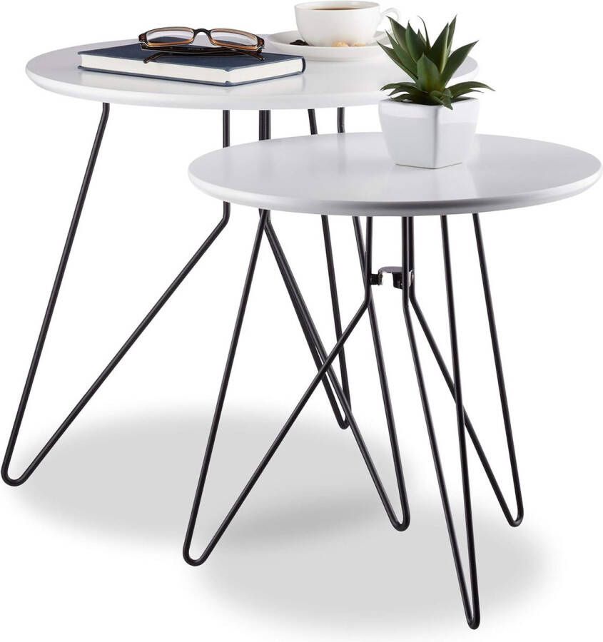 Merklose Bijzettafel set van 2 ronde tafeltjes met metalen frame tafelblad 40 en 48 cm MDF zwart-wit standaard