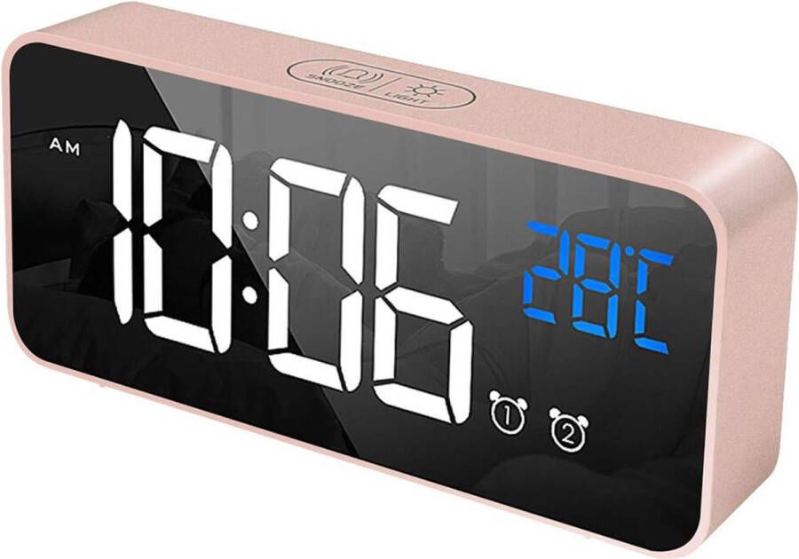 Merklose Digitale wekker met grote LED temperatuurweergave tafelklok spiegelalarm met dual alarm snooze tijd 4 niveaus instelbare helderheidsdimmer 13 muziek USB-aansluiting nachtkastje slaapkamer roze (roze)
