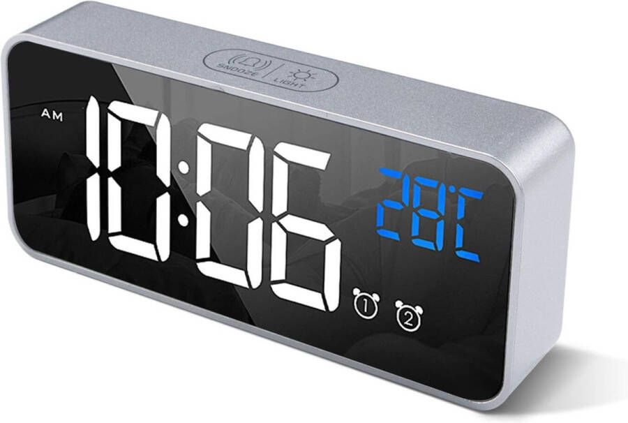 Merklose Digitale wekker met grote LED temperatuurweergave tafelklok spiegelalarm met dual alarm snooze tijd 4 niveaus instelbare helderheidsdimmer 13 muziek USB-aansluiting nachtkastje slaapkamer roze (zilver)