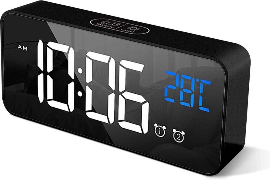 Merklose Digitale wekker met grote LED temperatuurweergave tafelklok spiegelalarm met dual alarm snooze tijd 4 niveaus instelbare helderheidsdimmer 13 muziek USB-aansluiting nachtkastje slaapkamer roze (Zwart)
