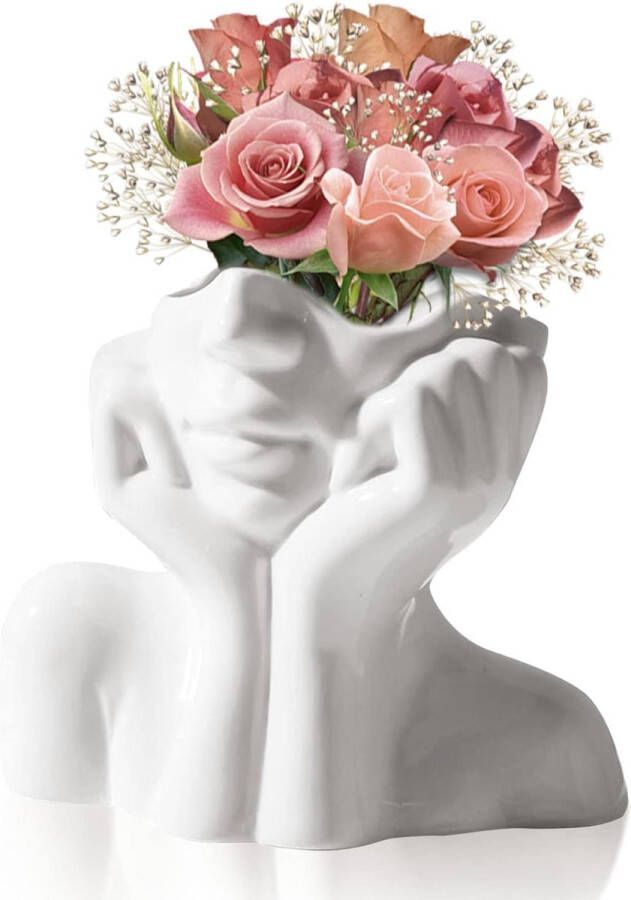 Merklose Hoofd gezicht vaas bloemenvaas keramische vazen: witte keramische vazen moderne vaas gezicht droge bloemenarrangement vaas keramische gezichtsvaas voor slaapkamer kantoor bureau decoratie