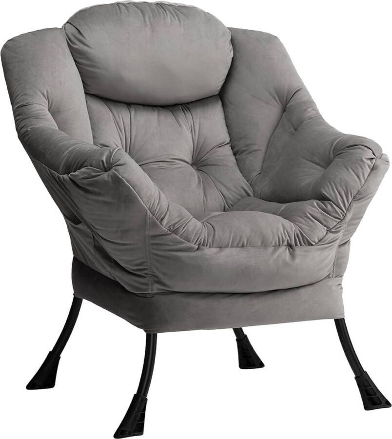Merklose Luie stoel lounge stoel met armleuningen en zijvak relax fauteuil met moderne fluwelen stof en stalen frame Donkergrijs
