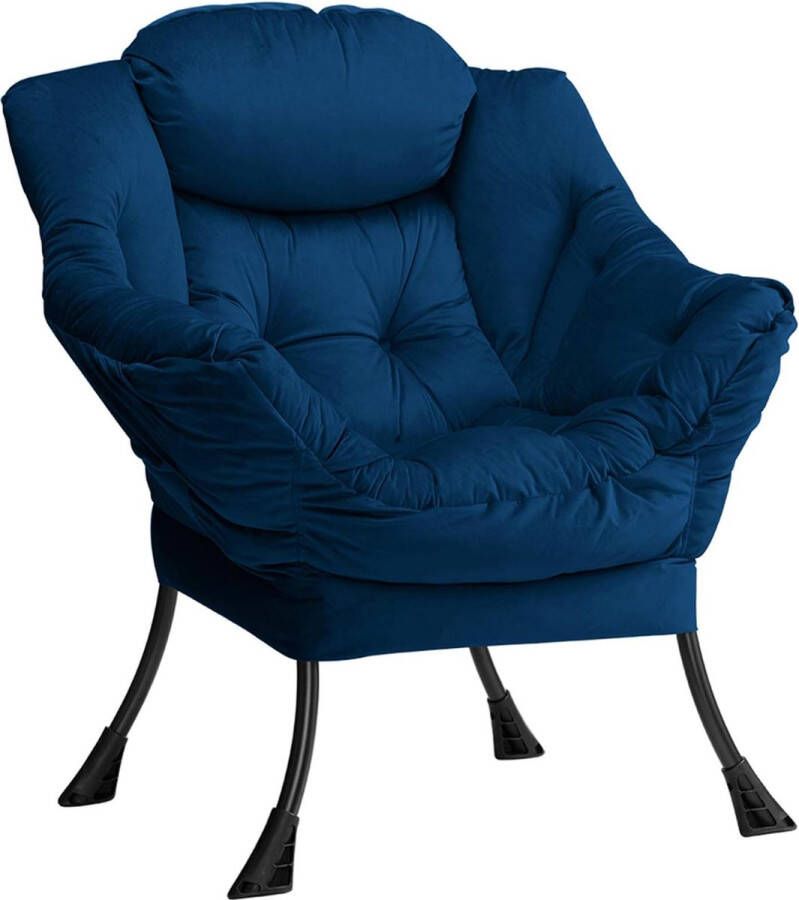 Merklose Luie stoel lounge stoel met armleuningen en zijvak relax fauteuil met moderne fluwelen stof en stalen frame Donkerblauw