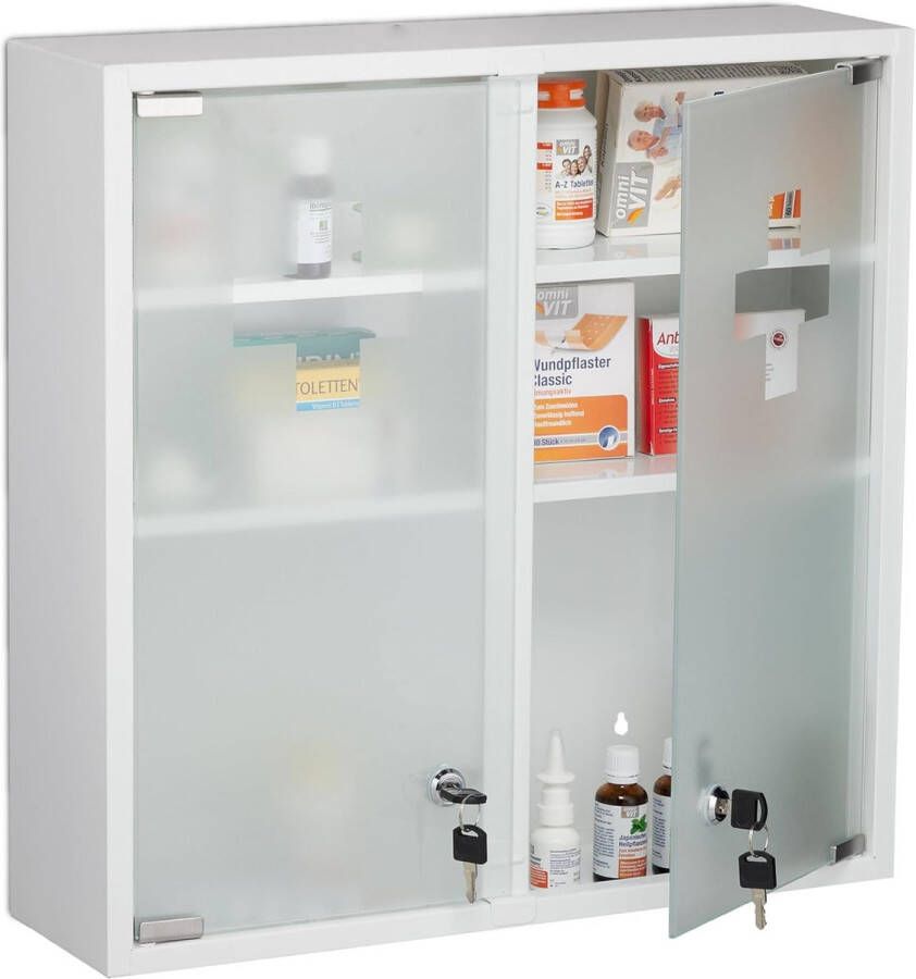 Merklose medicijnkastje met dubbele glazen deur afsluitbaar EHBO-kastje Medicijnkastje houtmateriaal 71 5 x 64 2 x 19 6 cm - Foto 2