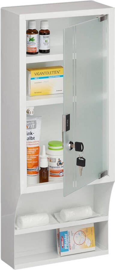 Merklose medicijnkastje met glazen deur afsluitbaar EHBO-kastje 5 vakken HBD: 65x27x12 cm verbandkastje muur wit