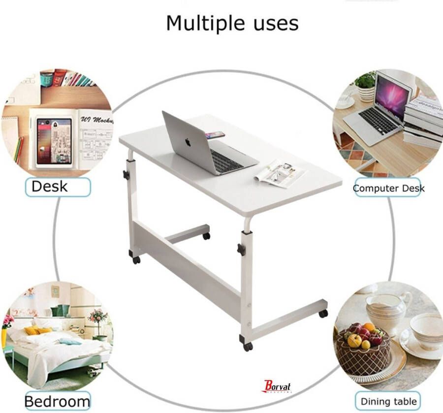 Merklose- Mobiele Bureau Laptop bijzettafel Sta bureau voor laptop tafel voor thuis Bureau Op Wielen thuiskantoor Wit (60cm * 40cm)