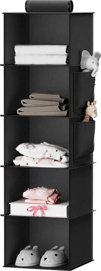 Merklose Opknoping Opslag 5 Planken Garderobe Opslag Organizer Opvouwbare Opknoping Planken met Zijzakken Kast Organizer voor Kleding Zwart