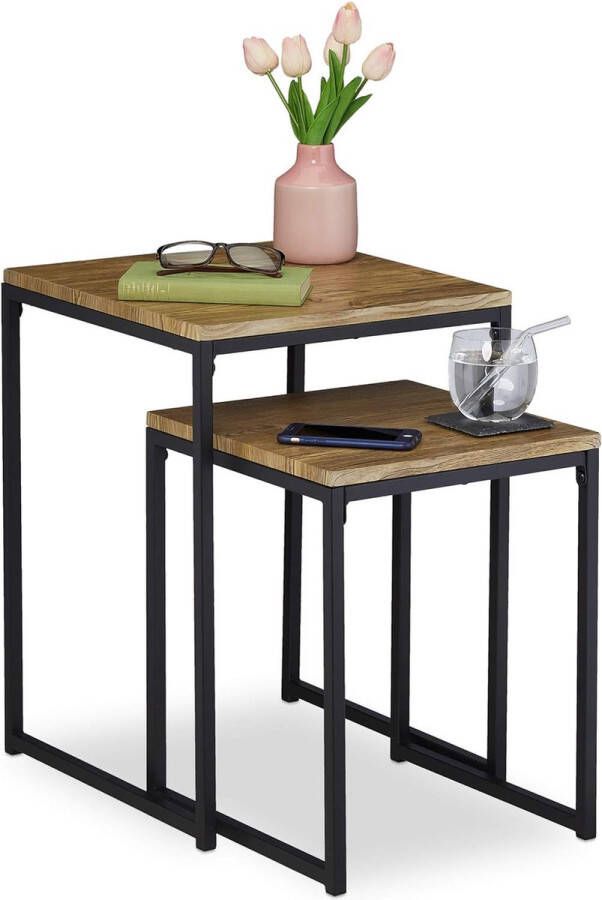 Merklose Stapelbaar set tafel 2 maten vierkant metaal houtlook zwart ijzer bijzettafel set van 2 in industrieel design