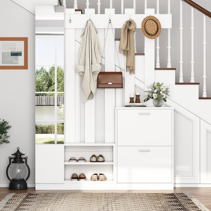 'merkloss Re-purelife Moderne & Stevige Halmeubel Met Spiegel 135x25x180cm – Garderobekast Met Schoenenkast Kapstokhaken & Opbergruimte – 5-in-1 Kast Voor Hal of Ingang – Compact Design Voor Kleine Ruimtes – Wit