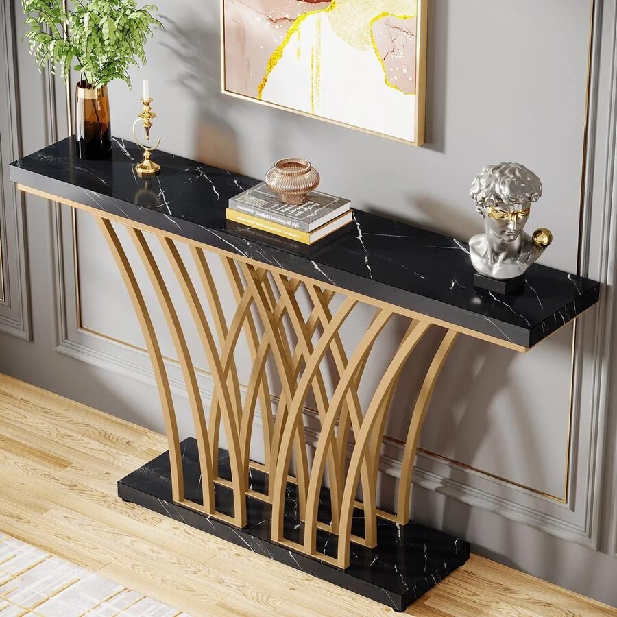Merktafel Eleganza Maison Grid Console Table Moderne Gouden Consoletafel Haltafel Wandtafel met Rastervormig Metalen Onderstel Ideaal voor Ingang Gang en Entree Zwart Goud Marmer 150 x 80 x 30 cm (B x H x D)