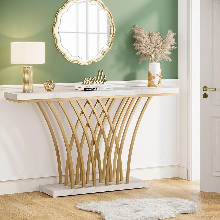 Merktafel Romantische Marmeren Bijzet Tafel met Gouden Onderstel 150x 80x30 cm Console Table Moderne Gouden Muur Tafel Haltafel Wandtafel met Rastervormig Metalen Onderstel Ideaal voor Ingang Gang en Entree Wit Goud Marmer 150x80x30cm Stabiel- MDF