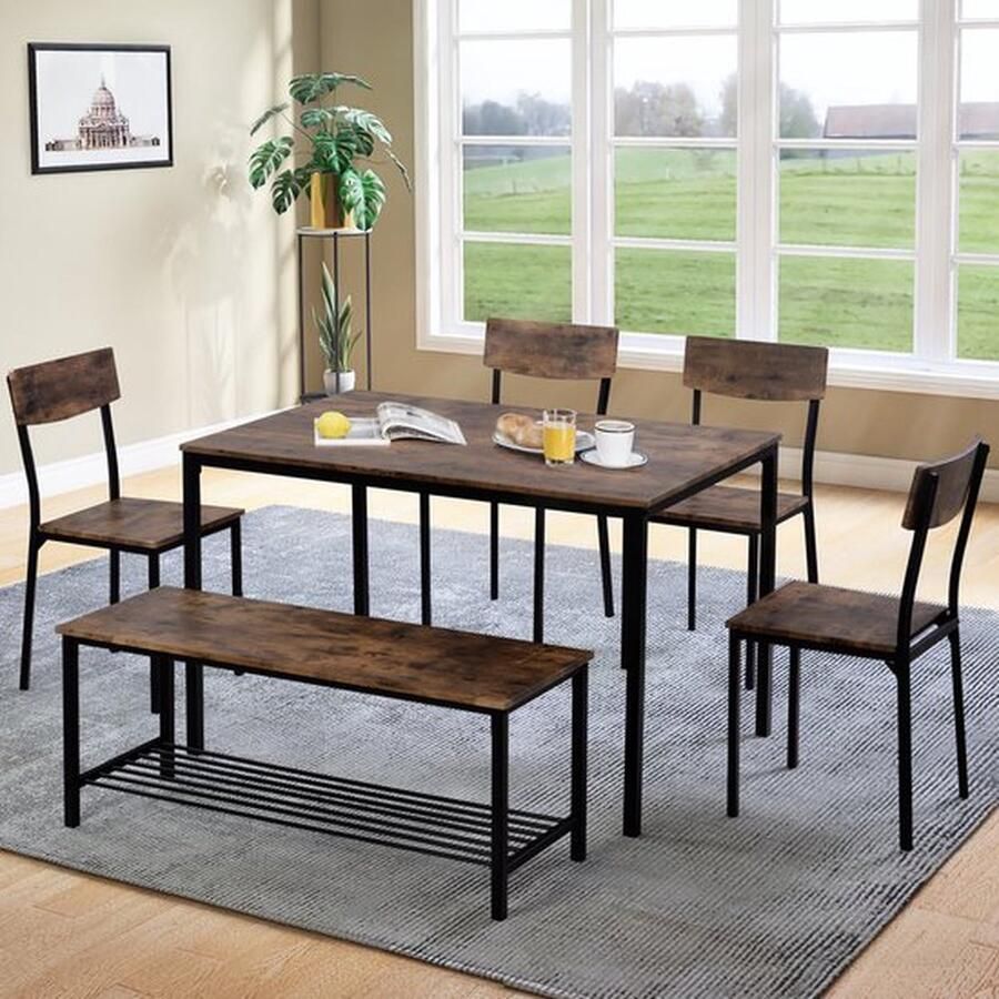 Merlook Eettafel Set Eettafel Stoel en Bank Set 6 Houten Staal Frame Industrie Stijl Keuken