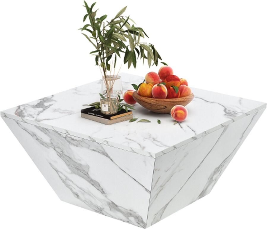 Merlook Moderne trommel salontafel trapeziumvormige wit marmeren fineer salontafel woonkamer tafel 70*70*37cm