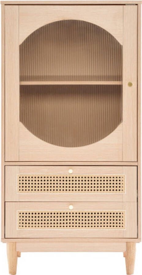 Merlooks 120 cm hoge kast 1 deur van helder acryl 2 laden van rotan imitatie eikenkleur dressoir eetkamerkast hoge kast stijlvolle opbergoplossingen