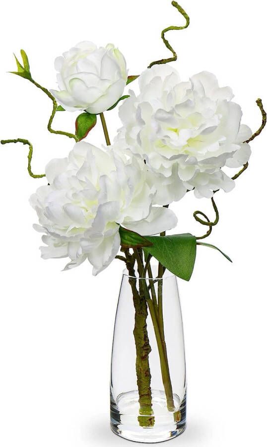 Merlooks 38 cm kunstbloemen zijde met glazen vaas witte kunstpioenroos zijde namaakbloemen plastic bloemen in vaas realistische bloemen in pot voor woonkamer kantoor decoratie tafel keuken