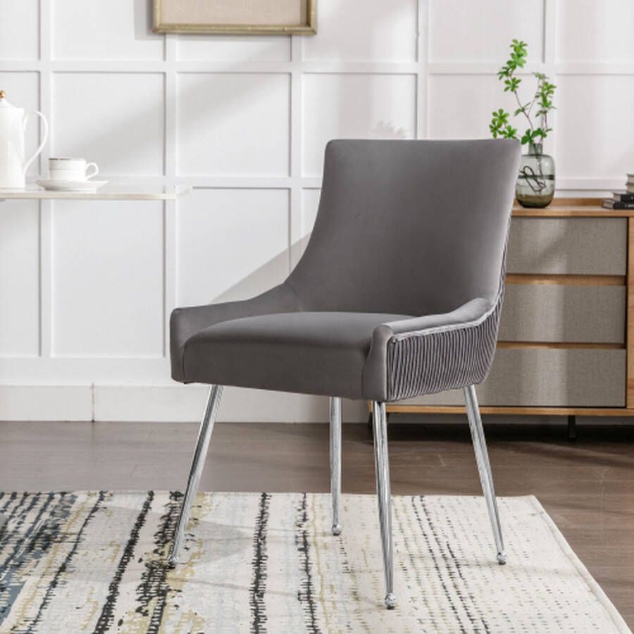 Merlooks Eetkamerstoel met verticale strepen-gestoffeerde fauteuil-stoel met metalen poten en metalen handvat-moderne loungestoel-slaapkamer-woonkamerstoel-grijs
