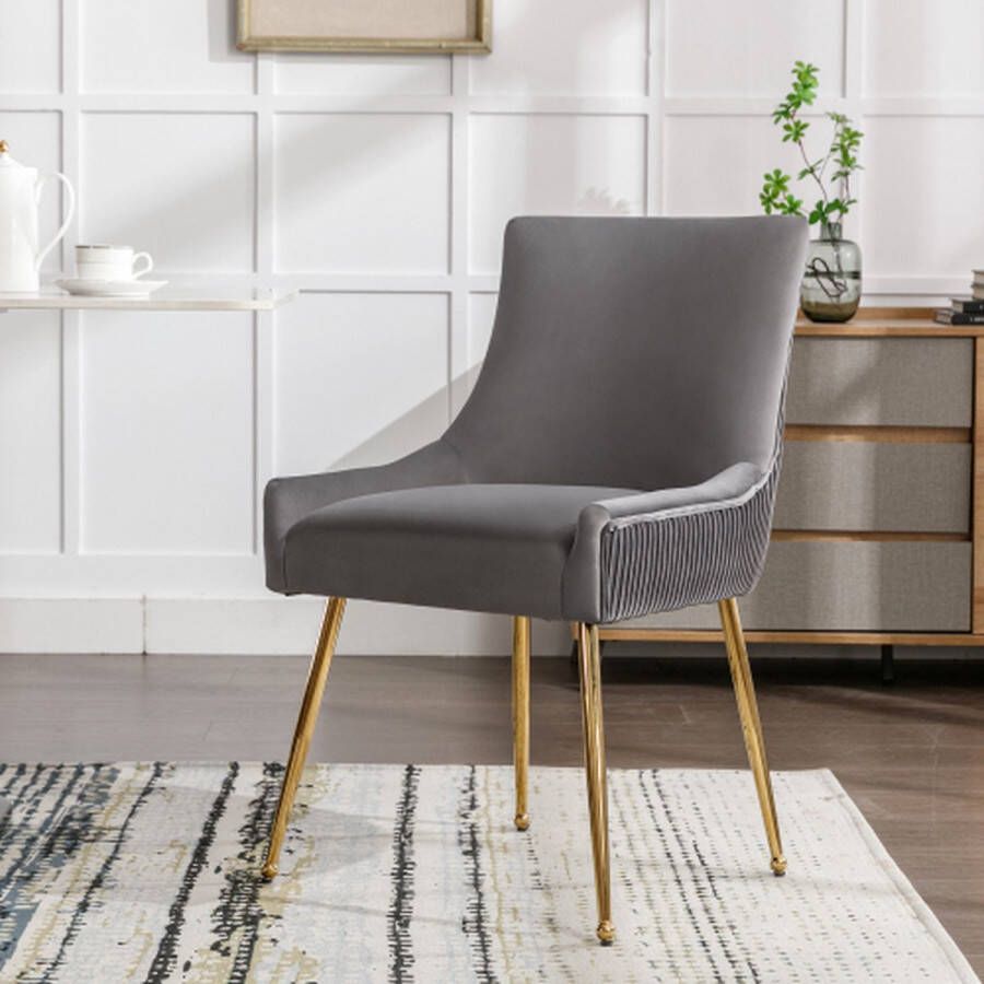 Merlooks Eetkamerstoel met verticale strepen-gestoffeerde fauteuil-stoel met metalen poten en metalen handvat-moderne loungestoel-slaapkamer-woonkamerstoel-grijs