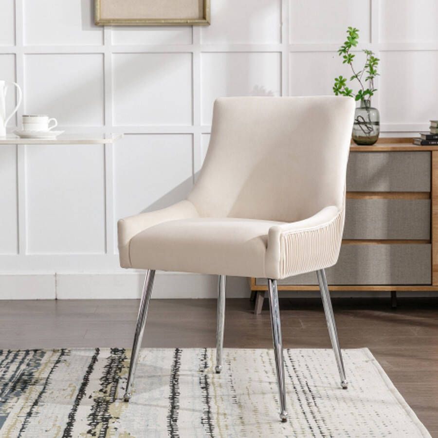 Merlooks Eetkamerstoel met verticale strepen gewatteerde fauteuil stoel met metalen poten en metalen handvat moderne loungestoel slaapkamerwoonkamerstoel beige