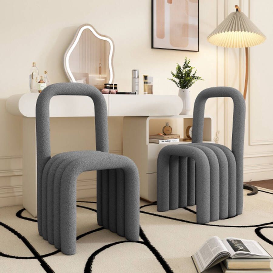 Merlooks Eetkamerstoel set van 2 Sherpa stof familie eetkamerstoel modern minimalistisch design woonkamer slaapkamer stoel make-up stoel met rugleuning grijs