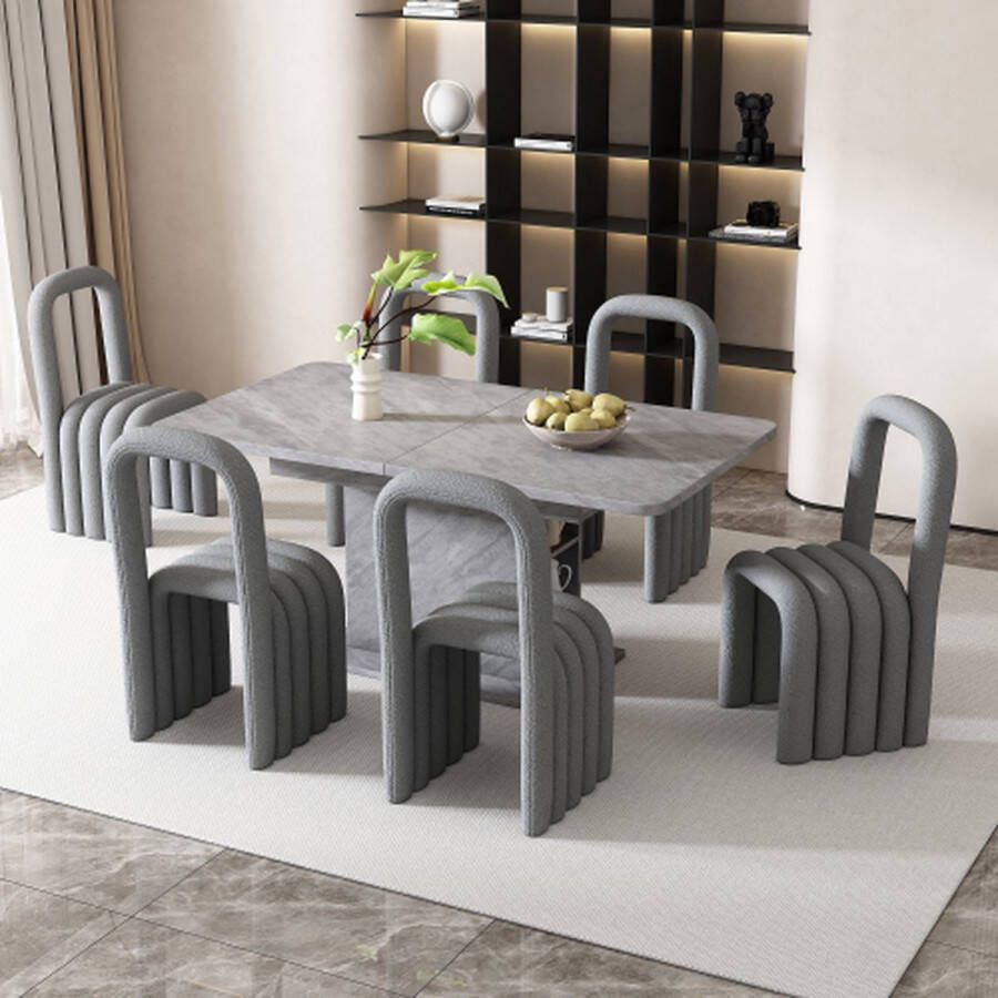 Merlooks Eetkamerstoel set van 6 Sherpa stof familie eetkamerstoel modern minimalistisch design woonkamer slaapkamer stoel make-up stoel met rugleuning grijs