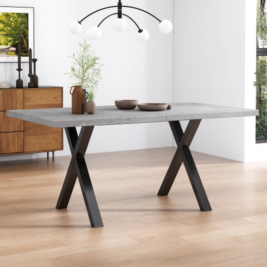 Merlooks Eettafel ontwerp met gekruiste poten rechthoekige eettafel salontafel moderne eenvoudige smeedijzeren eettafel L140*B80*H76cm betonlook+zwart