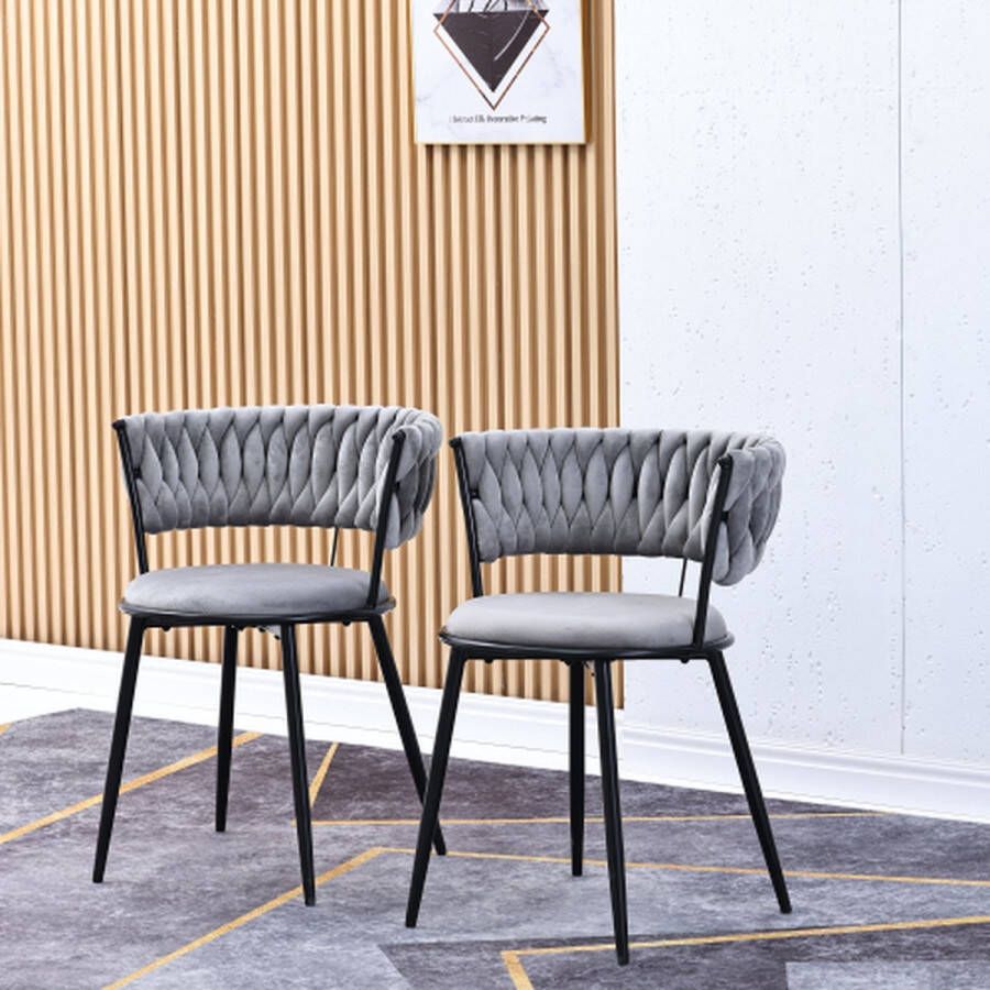 Merlooks Fluwelen Eetkamerstoel 2-zits Set Luxe Woonkamer- met Vier Metalen Steunpoten Grijs