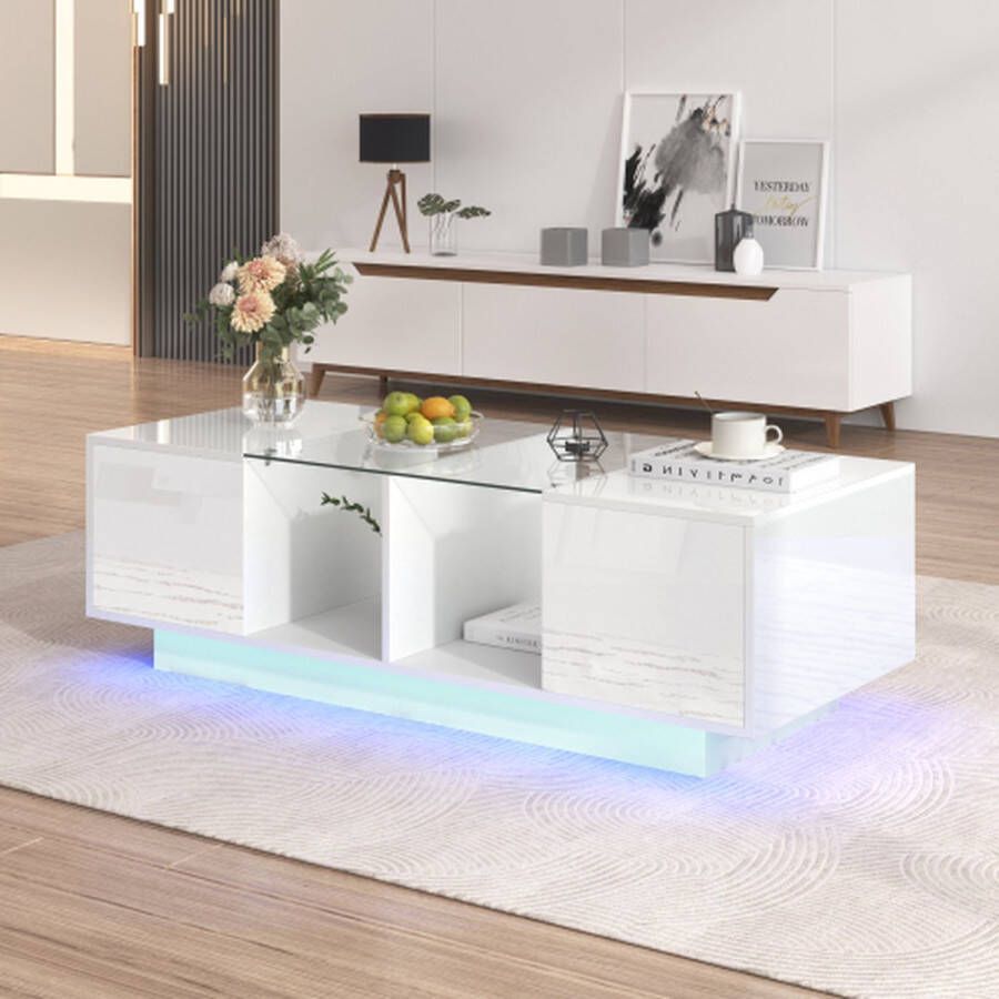 Merlooks Hoogglans salontafel woonkamertafel met glazen plank twee deuren grote opbergruimte veelkleurige LED-lichteffecten - Foto 2