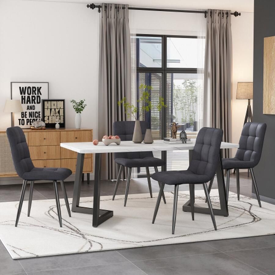Merlooks 117cm Eettafel met 4 Stoelen Set Rechthoekige Eettafel Moderne Keukentafel Set Donkergrijze Linnen Eetstoel Zwart Tafelpoten