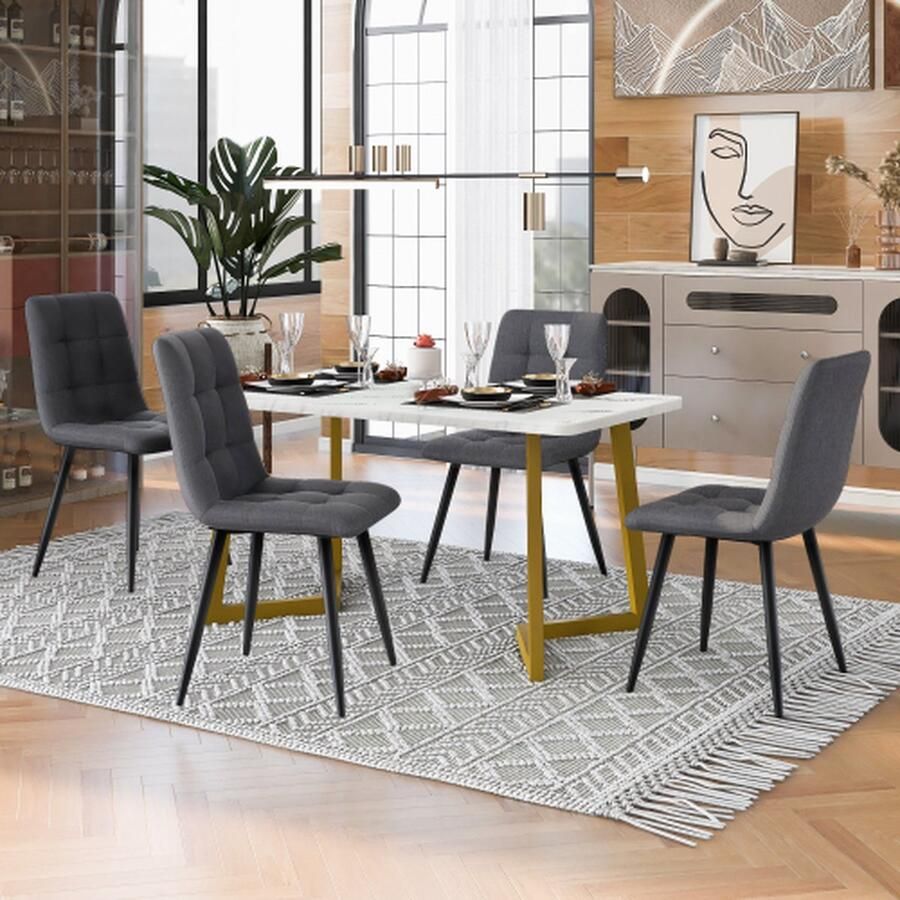 Merlooks 117cm Eettafel met 4 Stoelen Set Rechthoekige Eettafel Moderne Keukentafel Set Donkergrijze Linnen Eetstoel Gouden Tafelpoten