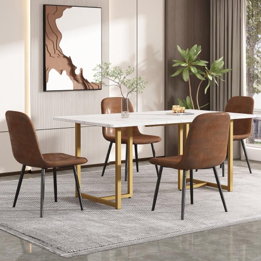 Merlooks 140 x 80 x 75cm Eettafel (1-St) Moderne Keukentafel Metalen Frame L-vormige Steun Benen Rechthoekige Eettafel in Moderne Marmeren Patroon Keukentafel met Verstelbare Voeten Wit Gouden